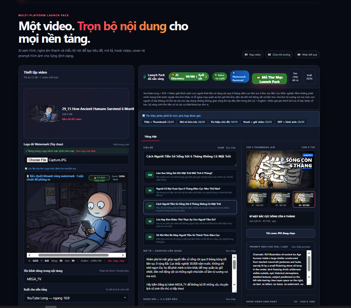Giao diện Launch Pack đa nền tảng của TubePilot AI Pro