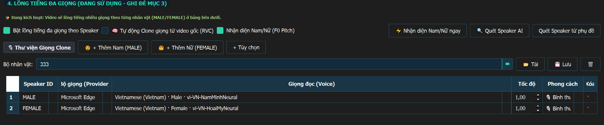 Bảng gán giọng đa nhân vật trong WIN VIDEO DUB STUDIO